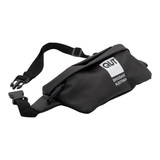 A black duffle bag with a strap and a logo, featuring a sleek design and zippered compartment.