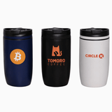 A drink bottle set featuring a navy blue, black, and white vacuum cup, each with a logo.