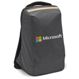 A grey computer backpack with a sleek design and a logo on the front.