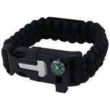 A black survival band featuring a compass and adjustable clasp, ideal for outdoor activities.