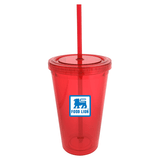 A drink bottle in red acrylic with a matching straw and a logo on the front.