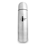 A drink bottle, silver in colour, featuring a sleek design and a logo on the surface.