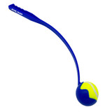 A blue ball launcher with a yellow tennis ball at the end, featuring a logo on the handle.