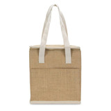 A tan cooler bag with white handles and a front pocket, featuring a logo on the side.
