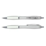 A plastic pen featuring a translucent design with a silver accent and a comfortable grip.