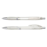 Translucent plastic pens in clear and silver, featuring a textured grip and a clip for convenience.