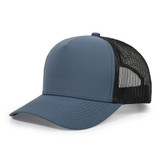 A blue trucker cap with a black mesh back and an adjustable snap closure. It features a logo on the front.