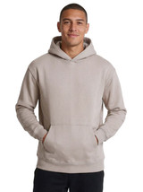 A beige men's hoodie with a kangaroo pocket and a hood, featuring a logo on the front.