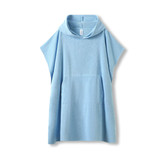 A blue hooded towel made of 380gsm 100% cotton with a kangaroo pocket. It features a logo on the label.