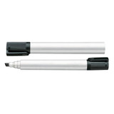 A whiteboard marker with a chisel tip, featuring a black cap and a sleek silver barrel. It has a brand logo.