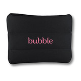 A black neoprene cosmetic bag featuring a logo in pink, with a smooth, cushioned texture.