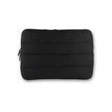 A black neoprene laptop sleeve featuring padded stitching and a zip closure. It includes a logo on the surface.