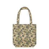 A tote bag featuring a camouflage pattern in shades of khaki and olive green, with sturdy handles and a rectangular shape.