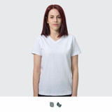 A white women's T-shirt with a V-neck design, featuring a subtle logo on the front.