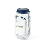 A clear salad jar with a blue lid and a fork attached, featuring a logo on the front.