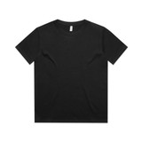 A black kids' T-shirt featuring a round neckline and short sleeves. It has a logo.