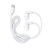 White Type C earbuds with a long cable, featuring a simple design and connector. Includes a logo.