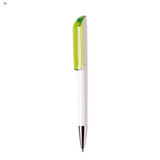 A plastic pen in white with a green translucent cap and a chrome tip, featuring a branding logo.