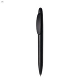 A black plastic pen featuring a clip and a sleek design, with a logo on the barrel.