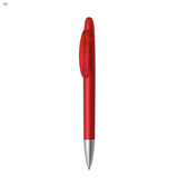 A red plastic pen with a transparent grip and a silver tip, featuring a logo on the side.
