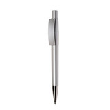 A silver plastic pen with a smooth finish and a retractable click mechanism. It features a logo on the barrel.