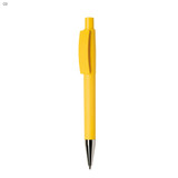 A yellow plastic pen with a clip and silver tip, featuring a logo on the barrel.