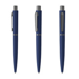 A metal pen in navy with a sleek design, featuring a clip and a silver accent. It has a logo present.