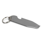 A stainless steel key ring designed as a bottle opener and paint tin opener, sleek and simple in design.