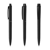 Three black plastic pens with a sleek design, featuring clips and caps, and a branding logo on the side.