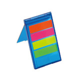 A blue memo holder featuring four sticky note sections in orange, pink, yellow, and green. It includes a branding logo.
