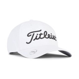 A white golf cap with a branded logo, featuring a black script design on the front.
