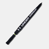 A black golf umbrella with a black handle, featuring a logo.