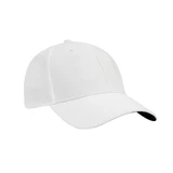 A white cap with a structured design and a black underside of the brim, featuring a logo.