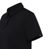 A women’s black polo shirt with a collar and short sleeves, featuring a logo on the side.