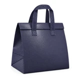 A navy blue cooler bag with sturdy handles and a structured design, featuring a logo.