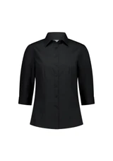 A black 3/4 sleeve women's shirt with a button-up front and tailored fit. It features a collar and has a logo.