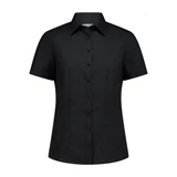 A black short sleeve women's shirt featuring a button-up front and a collar, with a subtle logo.
