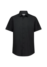 A black short sleeve shirt with a classic fit and button-down front. It features a collar and has a logo.