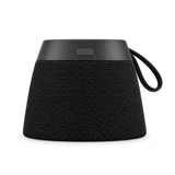 A black, cone-shaped speaker with a textured exterior and a looped handle for carrying. It features a power button on top.