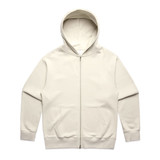 A cream-coloured zip-up hoodie with a hood and front pockets, featuring a logo.