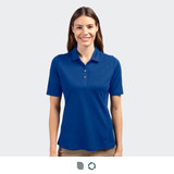 A blue women's polo shirt with a collar, short sleeves, and a buttoned placket. The shirt features a logo.