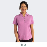 A women's polo in pink with a collared neckline and button detail. Features a logo on the garment.