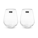 A set of two clear stemless wine glasses with a logo on each.