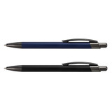 A metal pen set featuring a navy blue pen and a black pen, both with silver accents and clip designs.