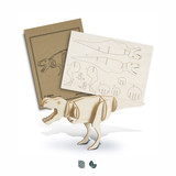 A wooden model of a Tyrannosaurus Rex with flat pieces for assembly, featuring natural wood colour. Includes a branded background.
