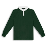 A green unisex rugby jersey featuring a white collar and long sleeves, equipped with a logo.