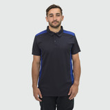 A black polo shirt with blue side panels, featuring a collar and a branded logo.