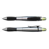A silver and black duo pen with a highlighter feature, showcasing a sleek design and ergonomic grip. A silver and black duo pen with a highlighter feature, showcasing a sleek design and ergonomic grip.