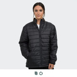 A woman wearing a black puffer jacket with a zippered front and a high collar, featuring a logo.