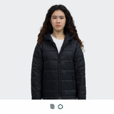 A black women's puffer jacket with a hood, featuring a zip front and side pockets. Brand logo is visible.